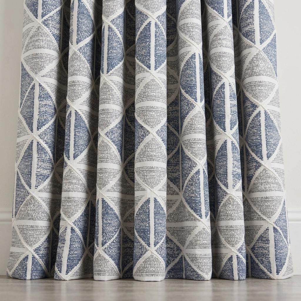 Ivory Navy Blue Grey Geometric Pure Linen Curtains, Embroidered Printed Diamond Drapes, Custom Blackout or Light Filtering — image 4