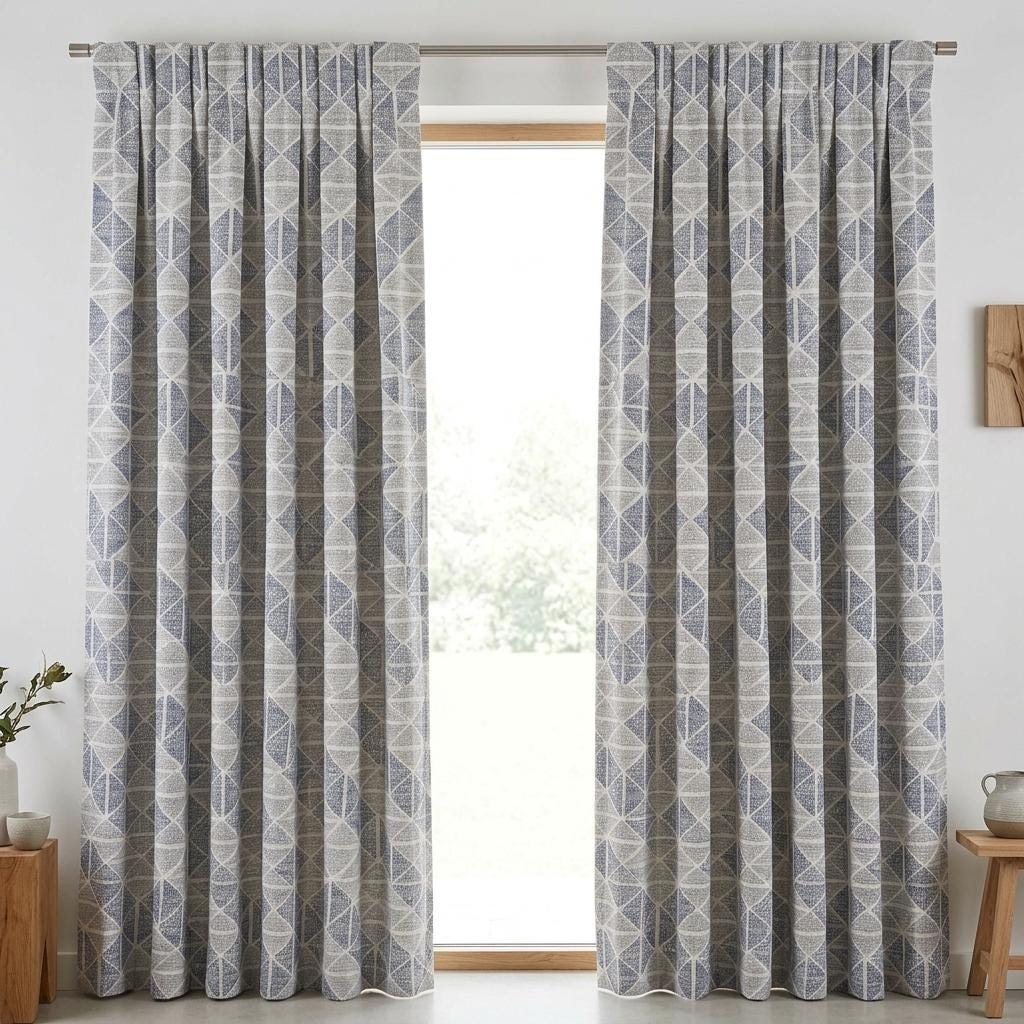 Ivory Navy Blue Grey Geometric Pure Linen Curtains, Embroidered Printed Diamond Drapes, Custom Blackout or Light Filtering — image 9