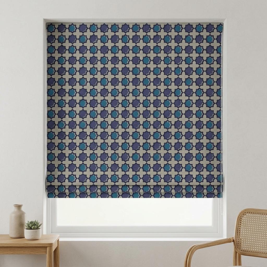 Navy Blue Teal Linen Roman Shade, Ivory Moroccan Tile Geometric Custom Corded Blind, Blackout or Light Filtering — image 1