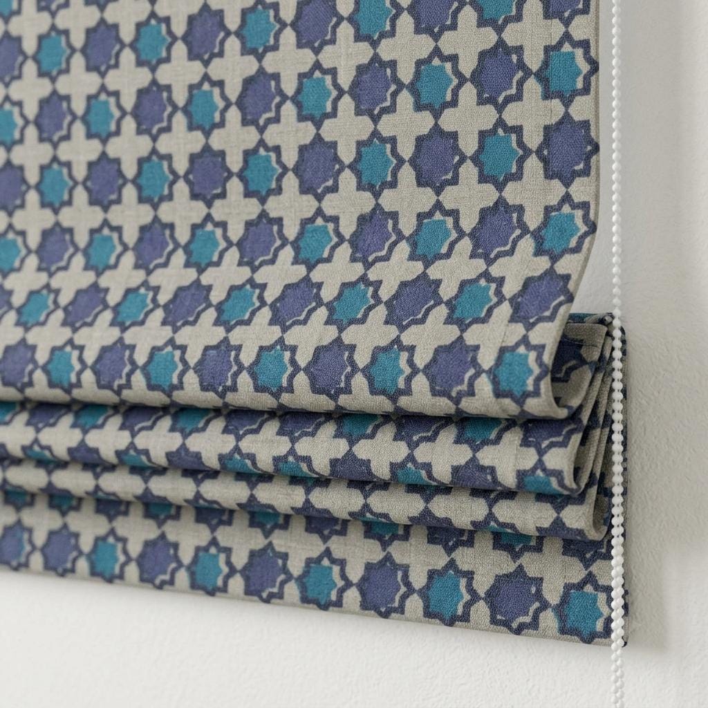 Navy Blue Teal Linen Roman Shade, Ivory Moroccan Tile Geometric Custom Corded Blind, Blackout or Light Filtering — image 1