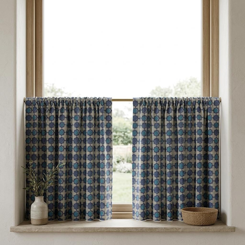 Navy Teal Moroccan Pure Linen Curtains, Beige Geometric Print, Custom Blackout or Light Filtering — image 7