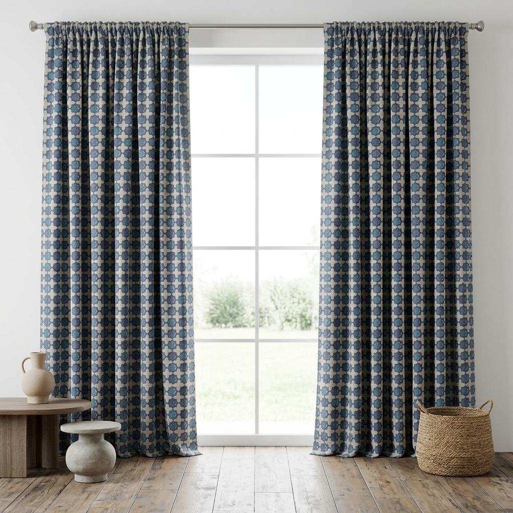 Navy Teal Moroccan Pure Linen Curtains, Beige Geometric Print, Custom Blackout or Light Filtering — image 5