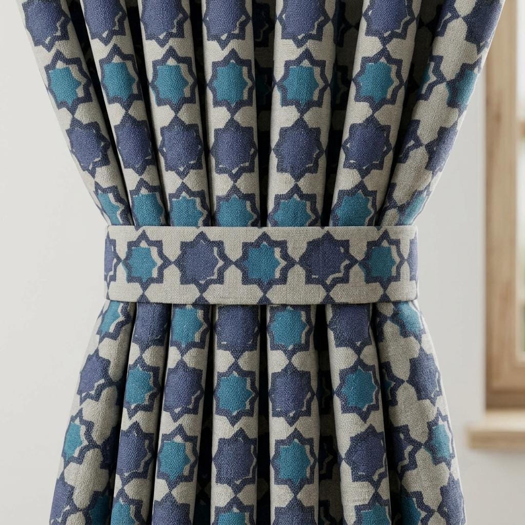 Navy Teal Moroccan Pure Linen Curtains, Beige Geometric Print, Custom Blackout or Light Filtering — image 1