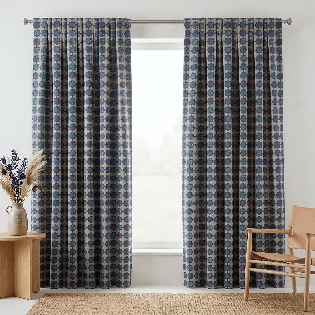 Navy Teal Moroccan Pure Linen Curtains, Beige Geometric Print, Custom Blackout or Light Filtering — image 10