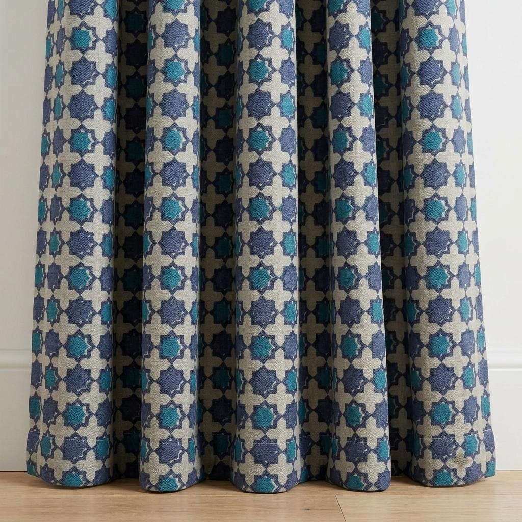 Navy Teal Moroccan Pure Linen Curtains, Beige Geometric Print, Custom Blackout or Light Filtering — image 4