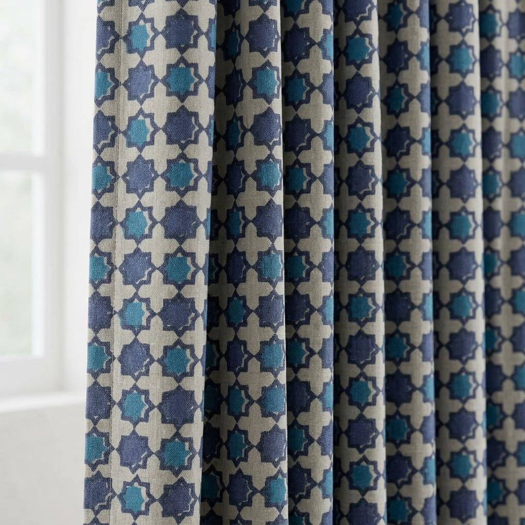 Navy Teal Moroccan Pure Linen Curtains, Beige Geometric Print, Custom Blackout or Light Filtering — image 1
