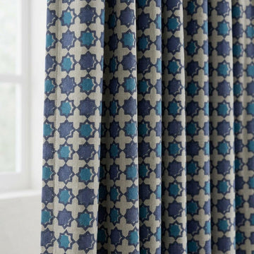 Navy Teal Moroccan Pure Linen Curtains, Beige Geometric Print, Custom Blackout or Light Filtering — image 1