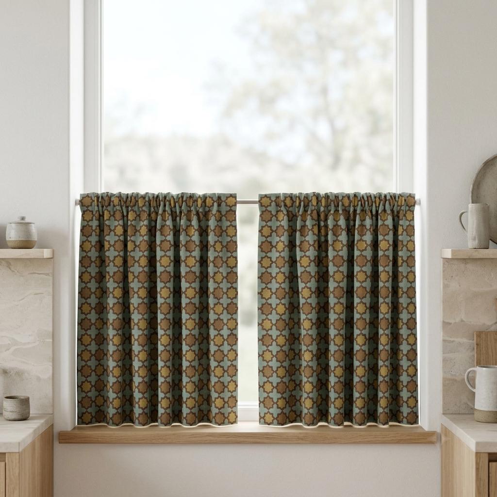 Sage Mustard Brown Pure Linen Curtains, Moroccan Geometric Print, Custom Blackout or Light Filtering — image 5