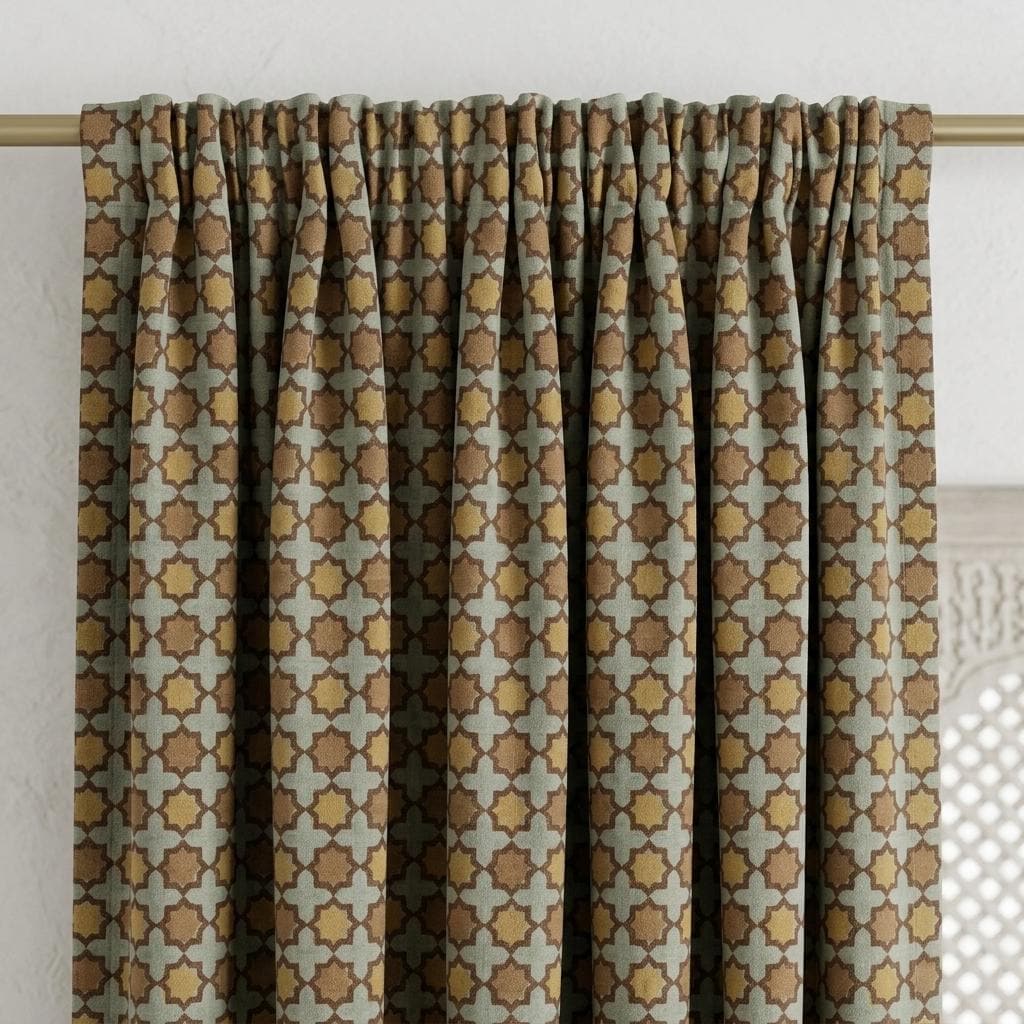 Sage Mustard Brown Pure Linen Curtains, Moroccan Geometric Print, Custom Blackout or Light Filtering — image 7