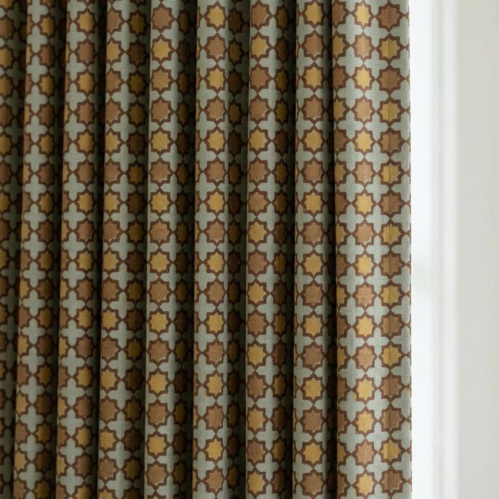 Sage Mustard Brown Pure Linen Curtains, Moroccan Geometric Print, Custom Blackout or Light Filtering — image 1