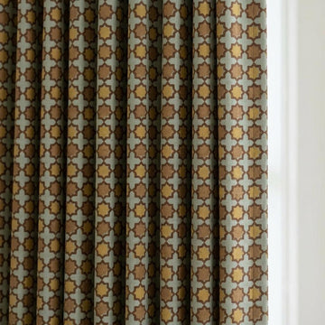 Sage Mustard Brown Pure Linen Curtains, Moroccan Geometric Print, Custom Blackout or Light Filtering — image 1