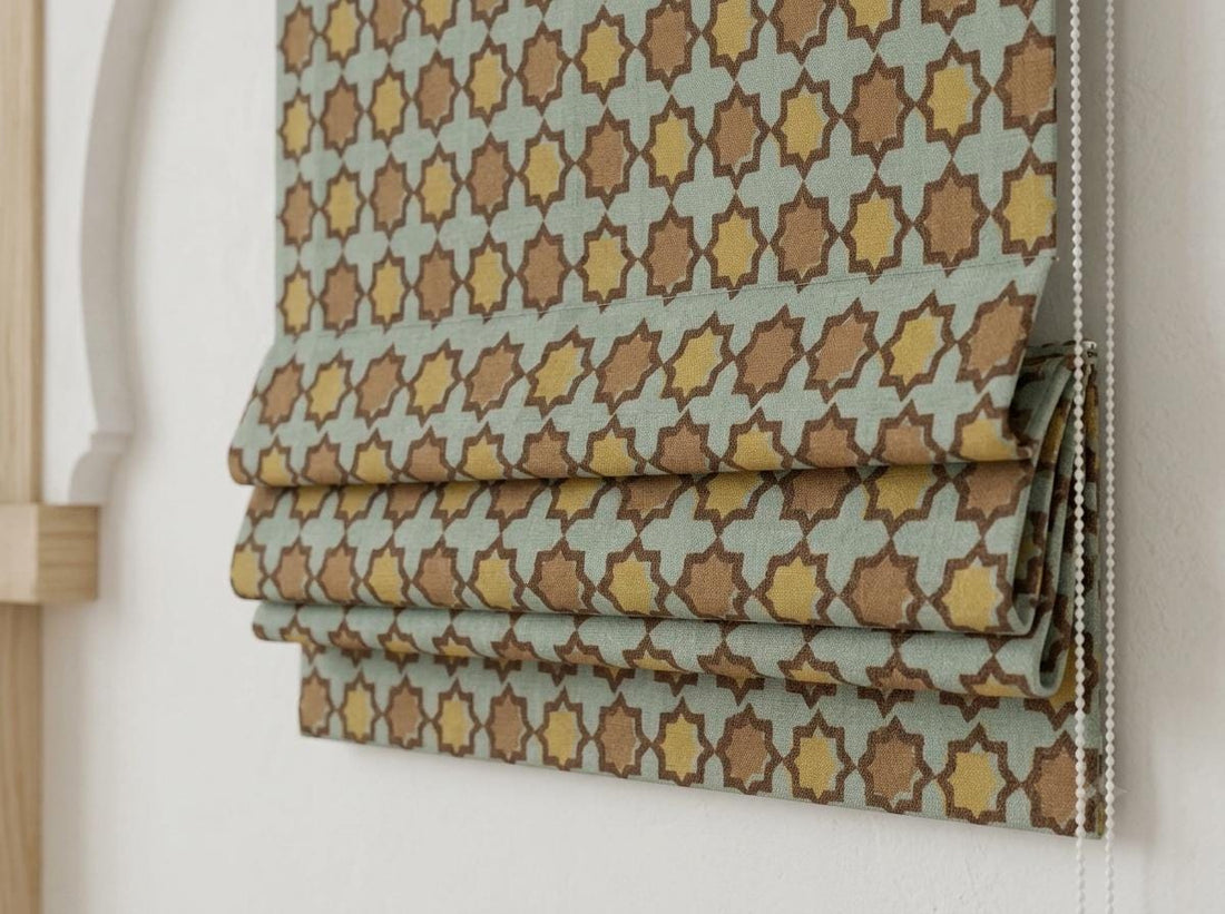 Sage Green Mustard Linen Roman Shade, Brown Moroccan Tile Geometric Custom Corded Blind, Blackout or Light Filtering — image 1