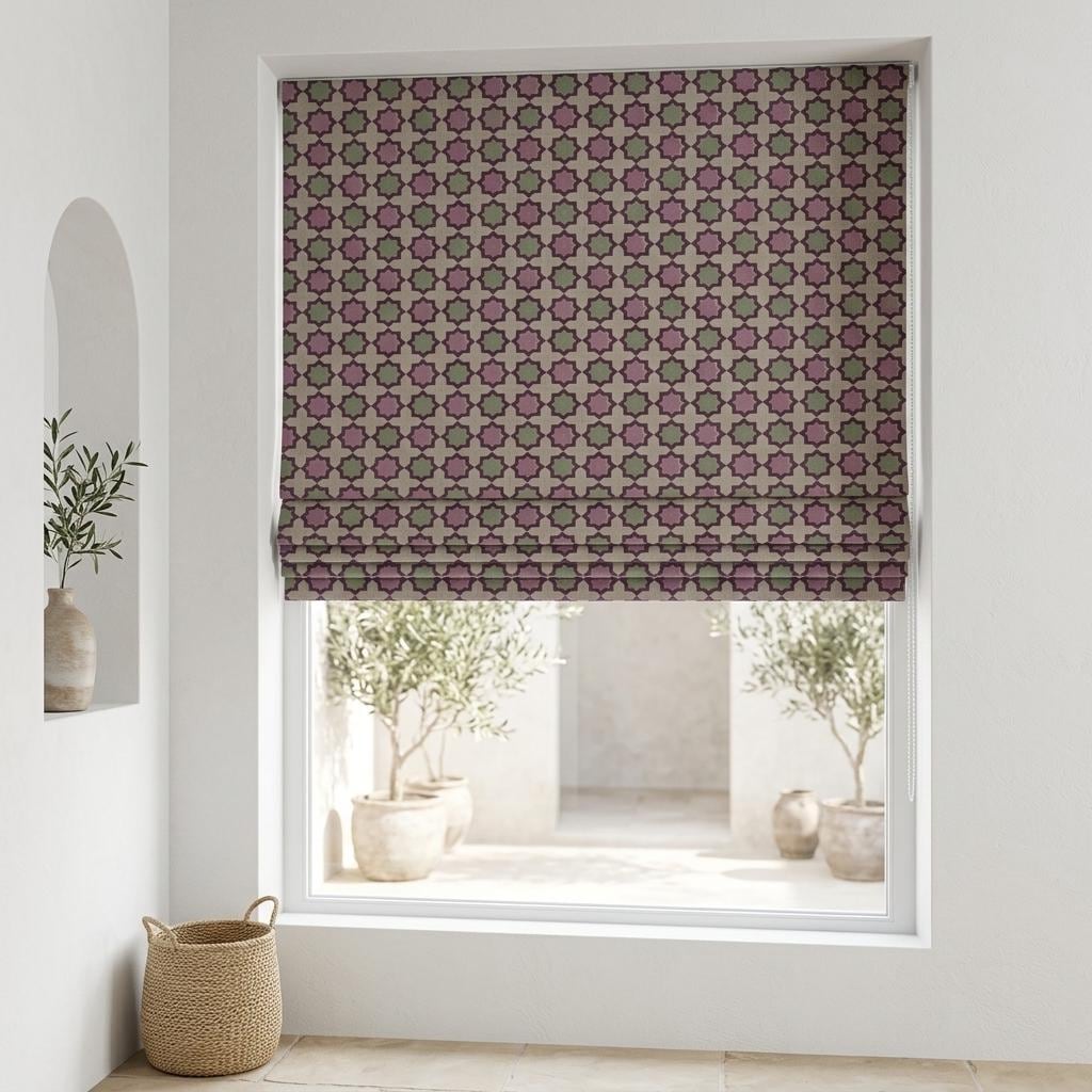 Dusty Pink Sage Linen Roman Shade, Beige Plum Moroccan Geometric Blind, Custom Blackout or Light Filtering — image 4