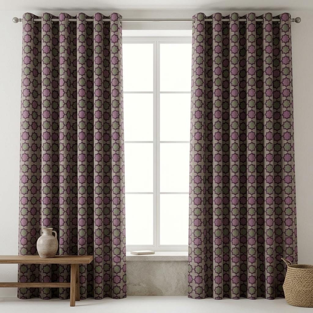 Dusty Pink Sage Pure Linen Curtains, Plum Moroccan Geometric Print, Blackout or Light Filtering — image 5