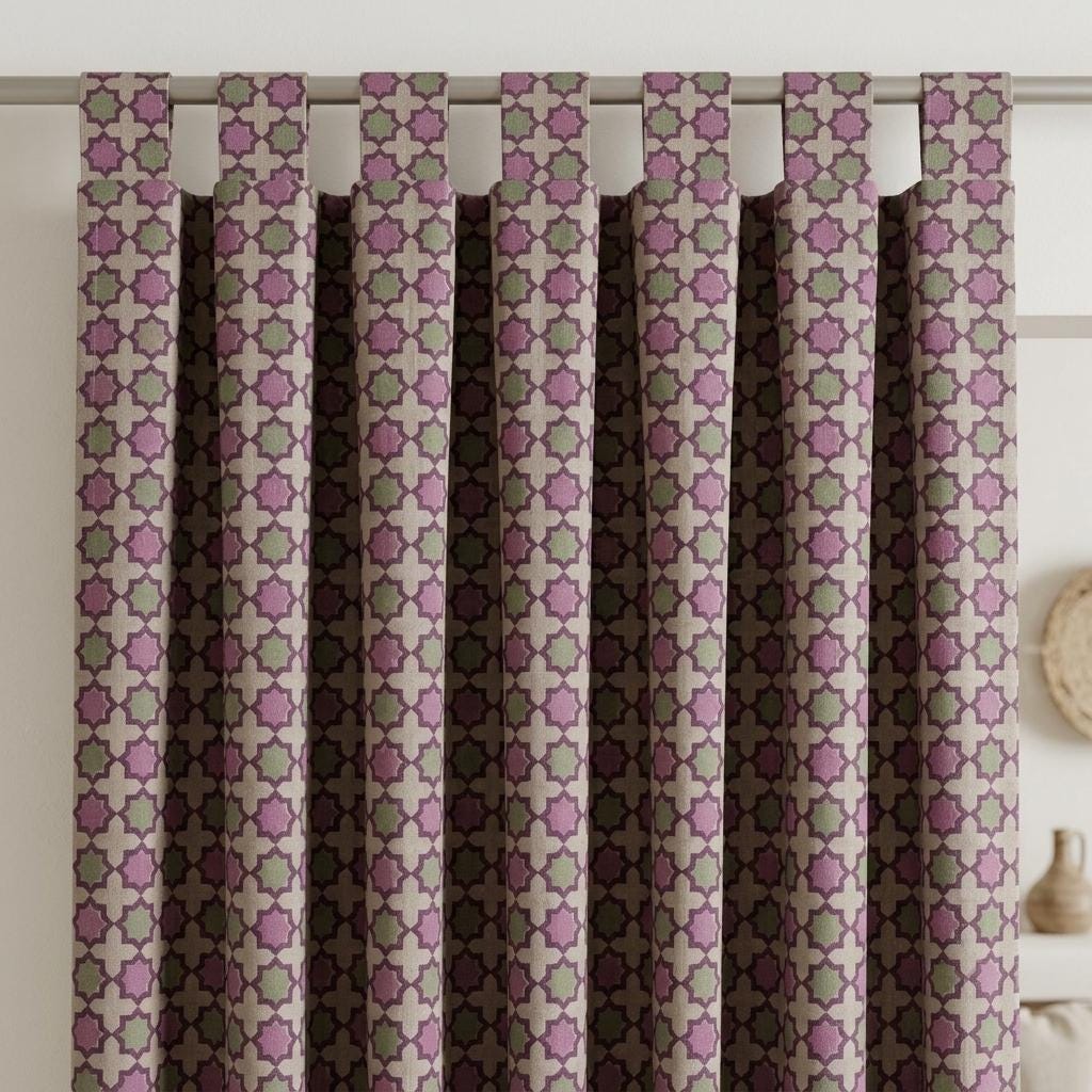 Dusty Pink Sage Pure Linen Curtains, Plum Moroccan Geometric Print, Blackout or Light Filtering — image 10