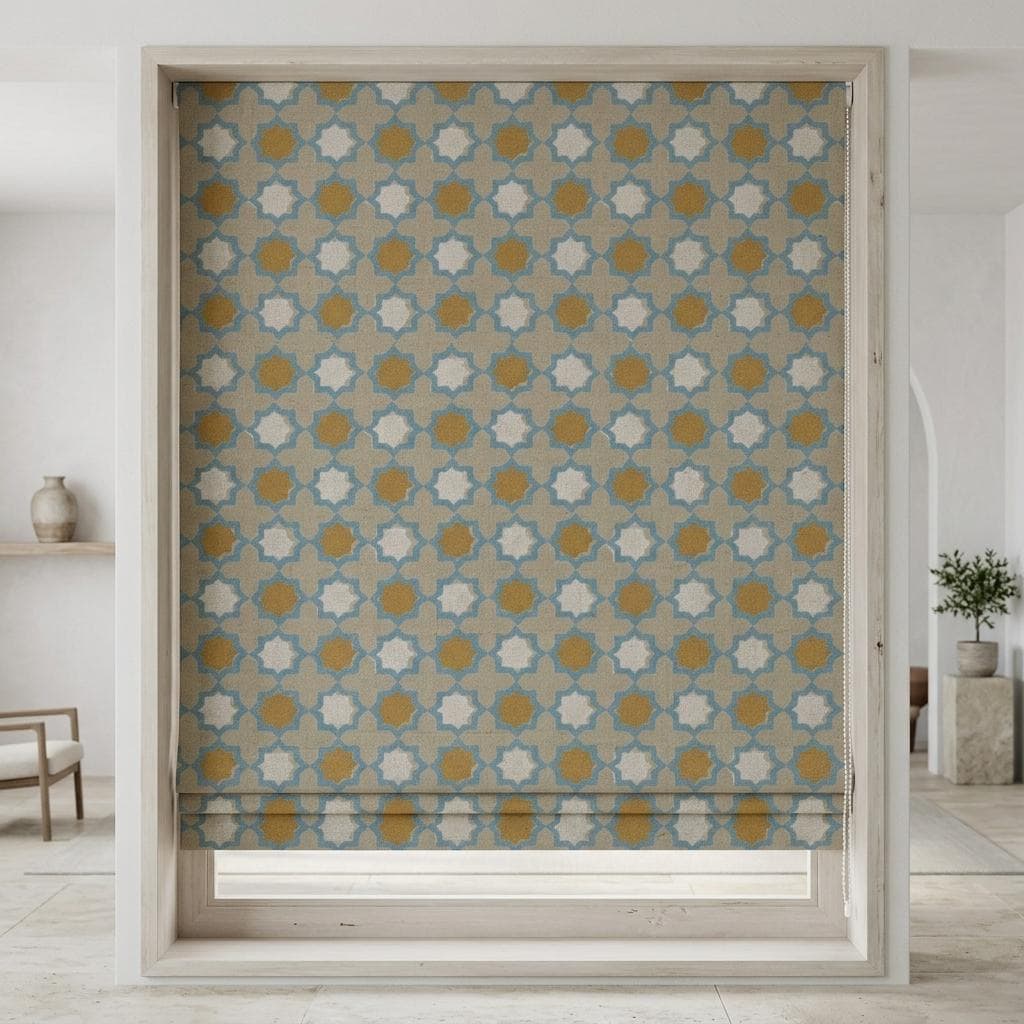Sky Blue Mustard Linen Roman Shade, Beige Ivory Moroccan Geometric Blind, Custom Blackout or Light Filtering — image 1