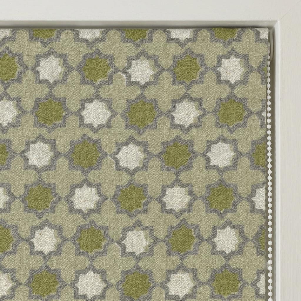 Sage Olive Linen Roman Shade, Ivory Gray Moroccan Geometric Corded Blind, Custom Blackout or Light Filtering — image 1