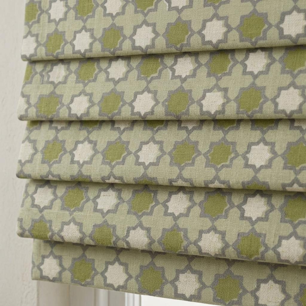 Sage Olive Linen Roman Shade, Ivory Gray Moroccan Geometric Corded Blind, Custom Blackout or Light Filtering — image 1