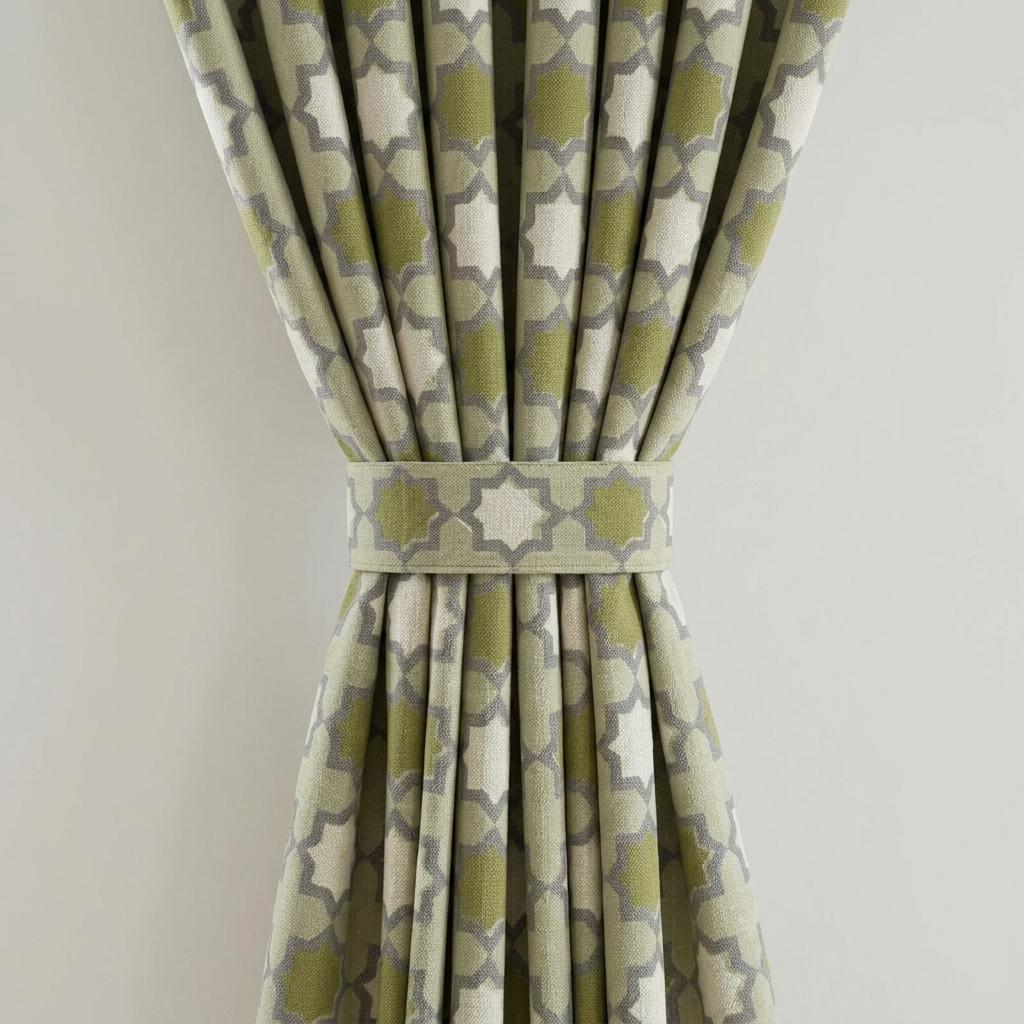 Olive Green Ivory Pure Linen Curtains, Sage Grey Moroccan Geometric Print, Custom Blackout or Light Filtering — image 1