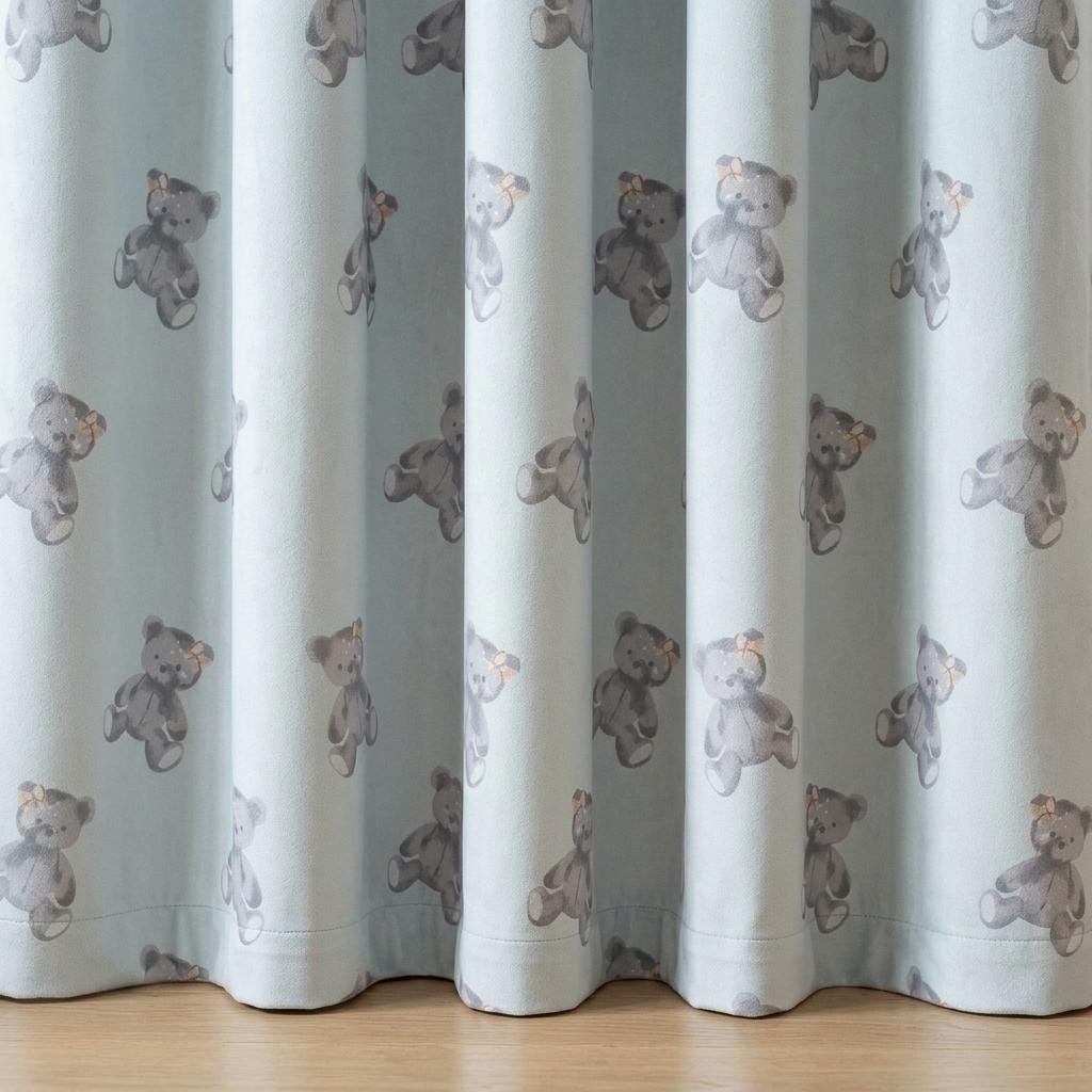 Pale Powder Blue Velvet Curtains, Gray Teddy Bear Print, Nursery & Kids Room Drapes, Custom Blackout Option — image 4
