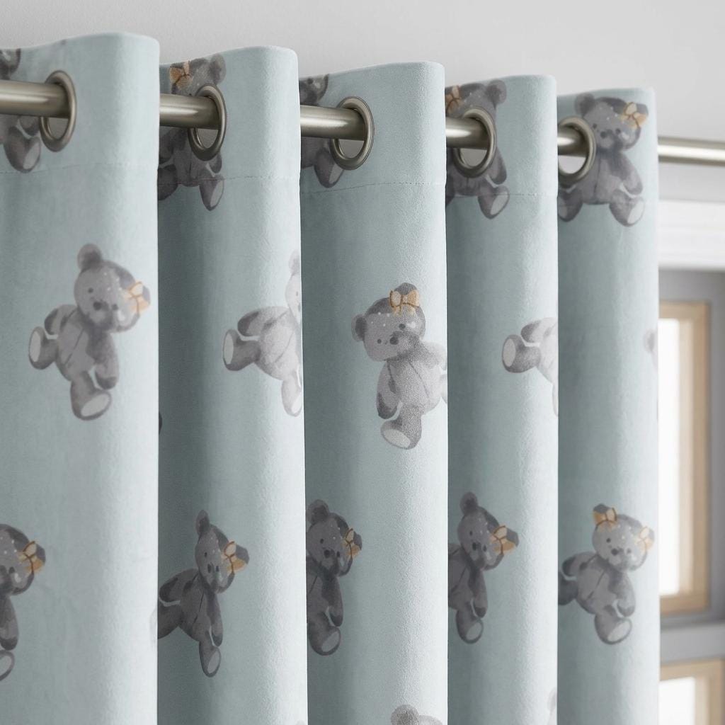 Pale Powder Blue Velvet Curtains, Gray Teddy Bear Print, Nursery & Kids Room Drapes, Custom Blackout Option — image 3