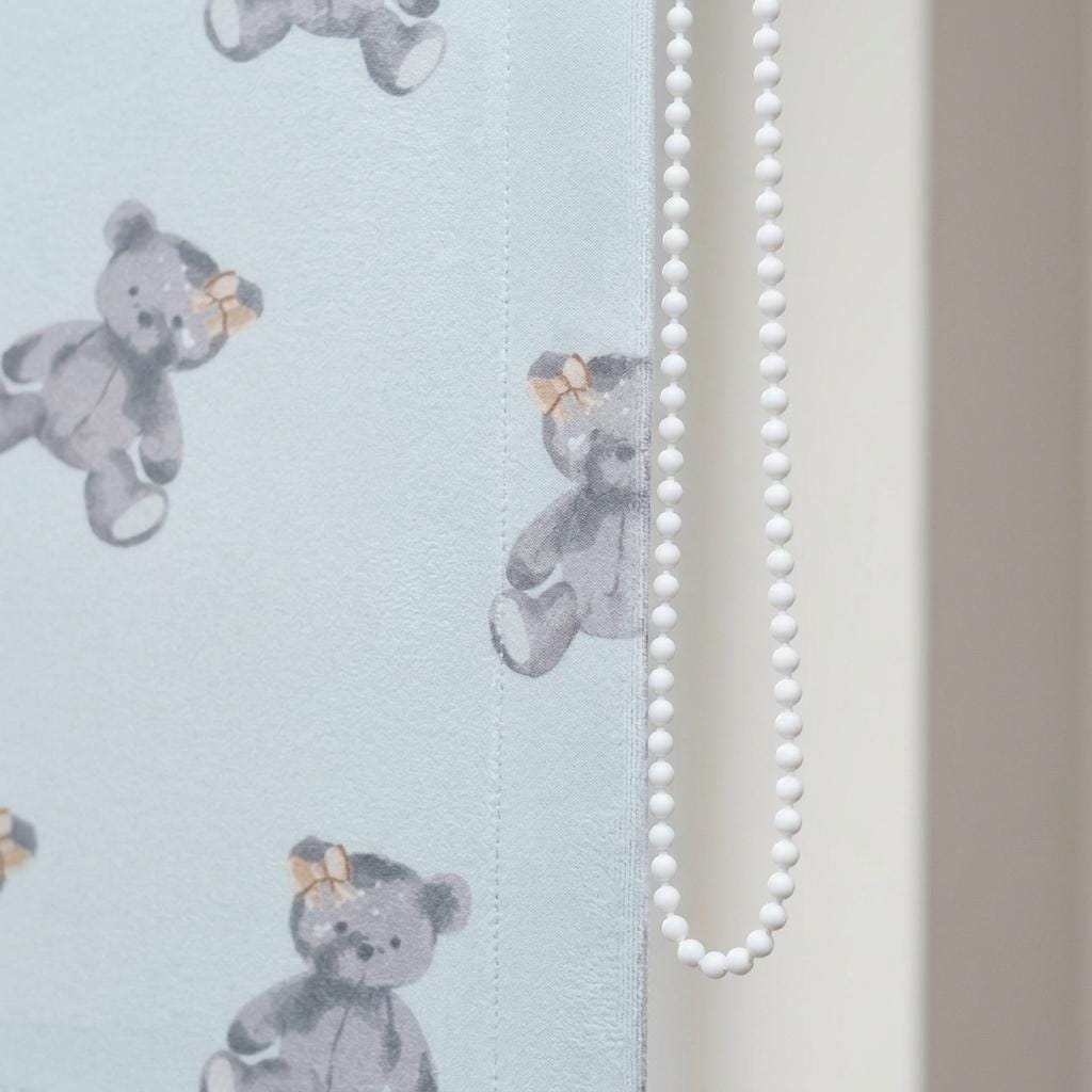 Misty Ice Blue Velvet Roman Shade, Gray Teddy Bear Nursery Blind, Kids Custom Window Shade, Blackout or Light Filtering — image 5