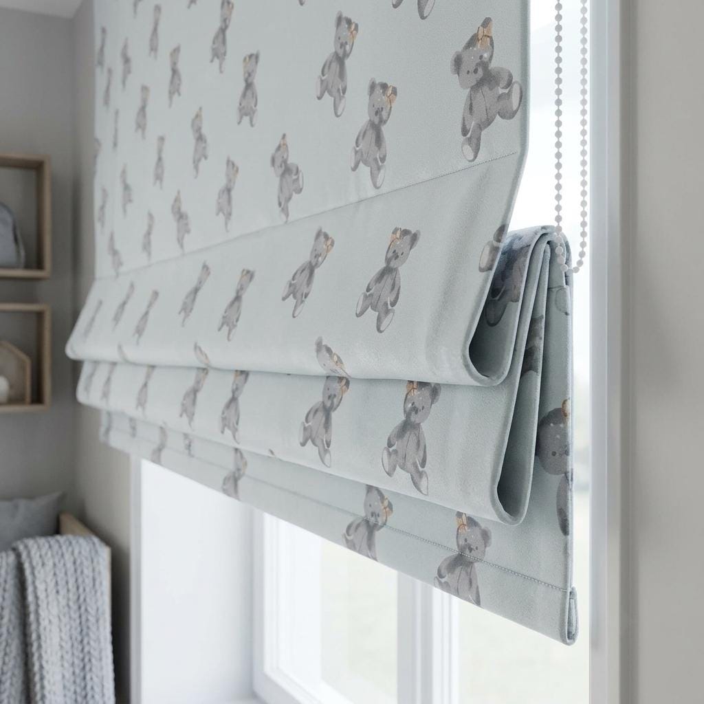 Misty Ice Blue Velvet Roman Shade, Gray Teddy Bear Nursery Blind, Kids Custom Window Shade, Blackout or Light Filtering — image 3