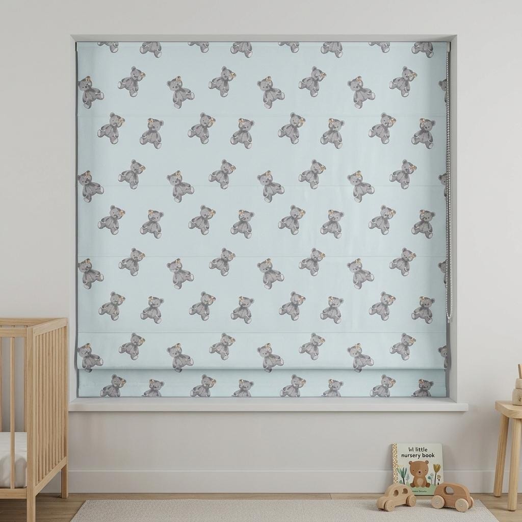 Misty Ice Blue Velvet Roman Shade, Gray Teddy Bear Nursery Blind, Kids Custom Window Shade, Blackout or Light Filtering — image 1