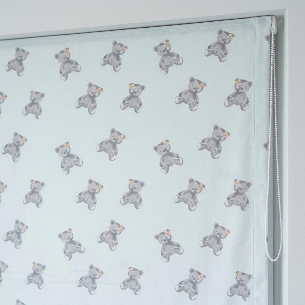 Misty Ice Blue Velvet Roman Shade, Gray Teddy Bear Nursery Blind, Kids Custom Window Shade, Blackout or Light Filtering — image 7