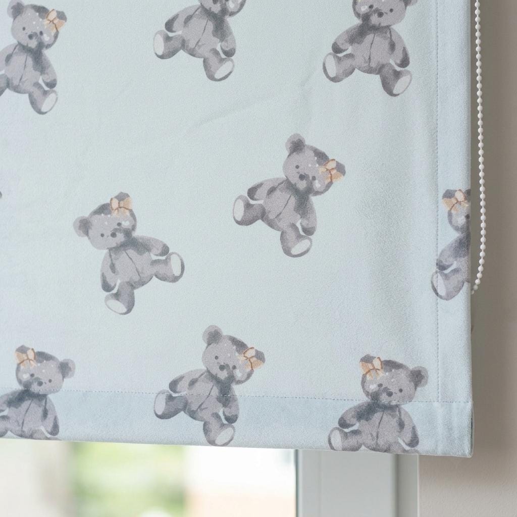 Misty Ice Blue Velvet Roman Shade, Gray Teddy Bear Nursery Blind, Kids Custom Window Shade, Blackout or Light Filtering — image 4