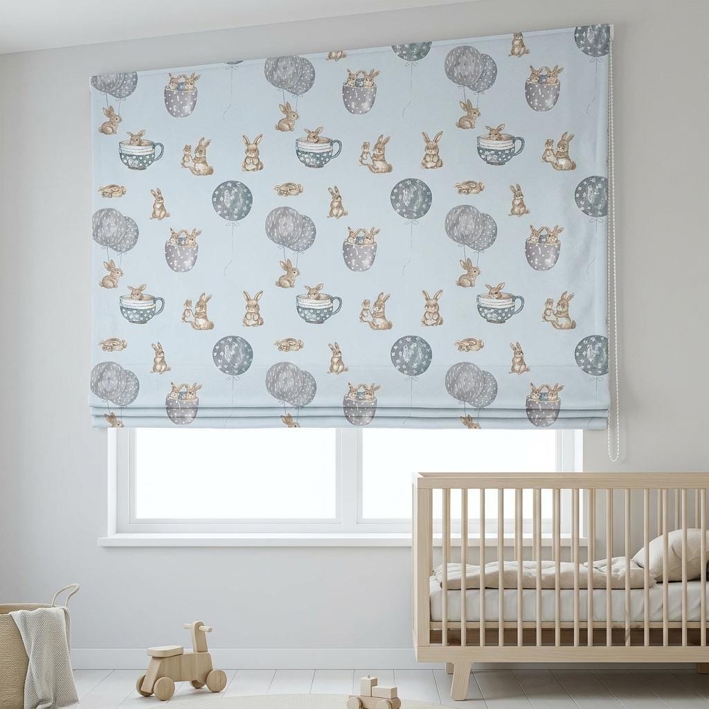 Pale Blue Velvet Roman Shade, Bunny & Balloon Nursery Blind, Kids Rabbit Custom Window Shade, Blackout or Light Filtering — image 4