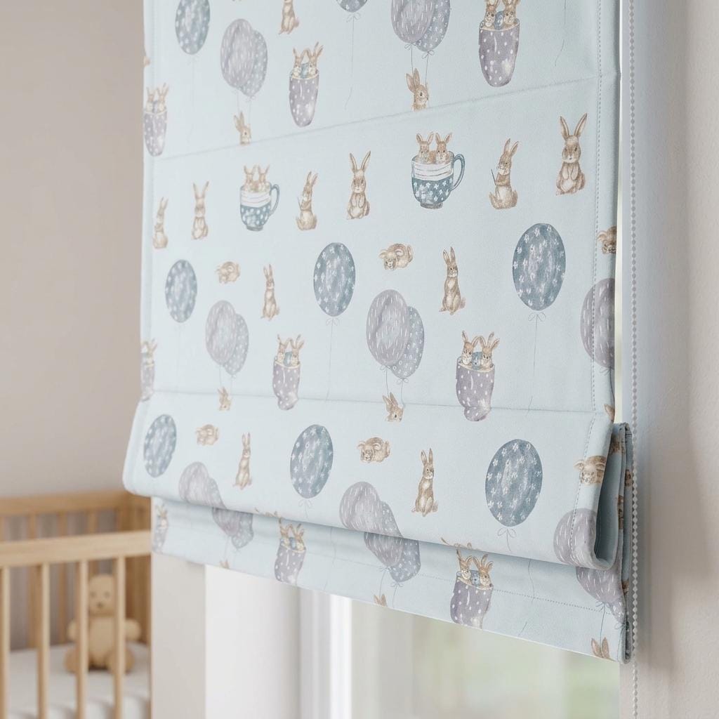 Pale Blue Velvet Roman Shade, Bunny & Balloon Nursery Blind, Kids Rabbit Custom Window Shade, Blackout or Light Filtering — image 3