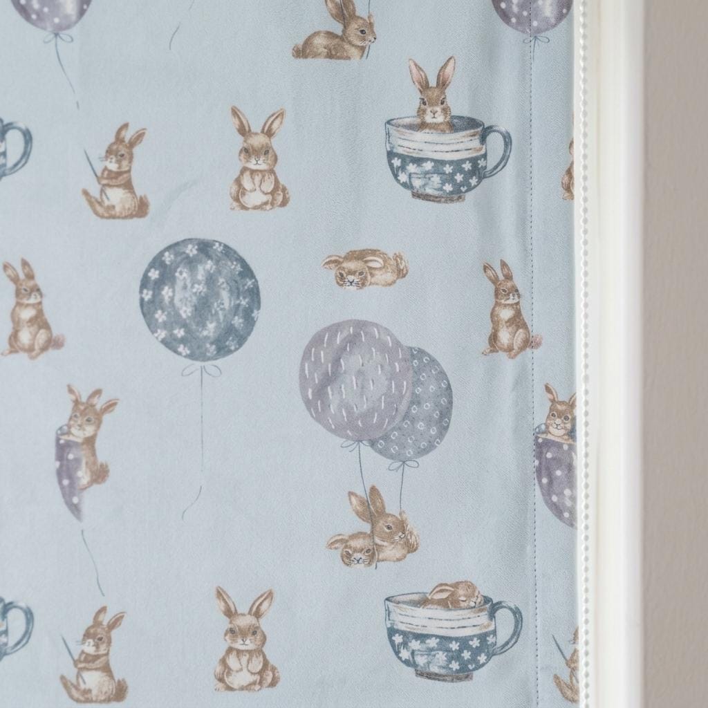 Pale Blue Velvet Roman Shade, Bunny & Balloon Nursery Blind, Kids Rabbit Custom Window Shade, Blackout or Light Filtering — image 6