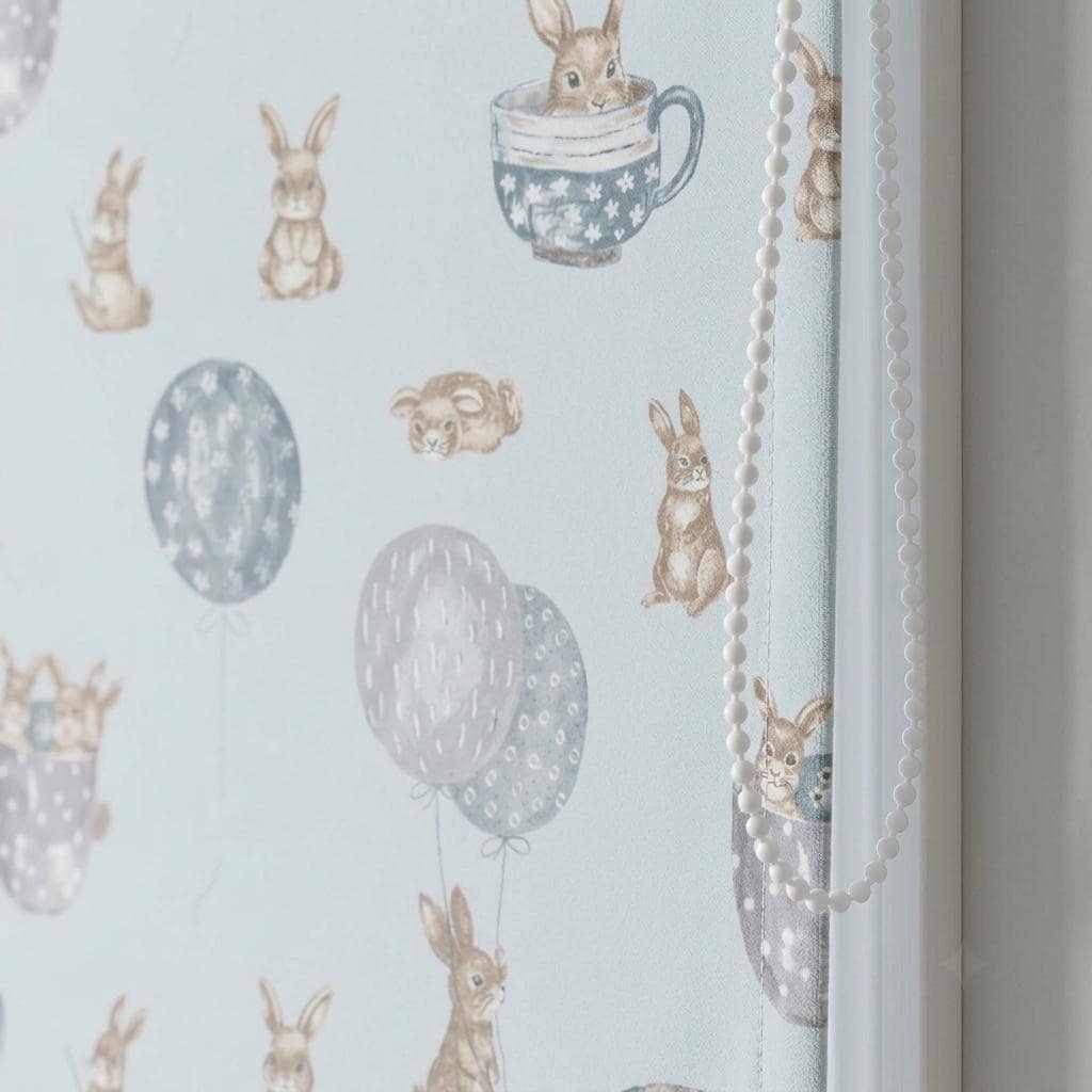 Pale Blue Velvet Roman Shade, Bunny & Balloon Nursery Blind, Kids Rabbit Custom Window Shade, Blackout or Light Filtering — image 9