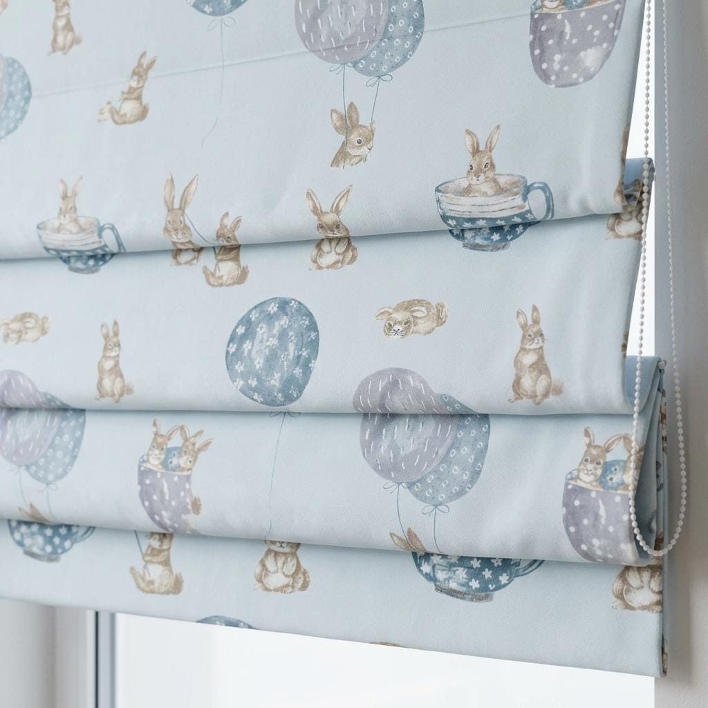 Pale Blue Velvet Roman Shade, Bunny & Balloon Nursery Blind, Kids Rabbit Custom Window Shade, Blackout or Light Filtering — image 5