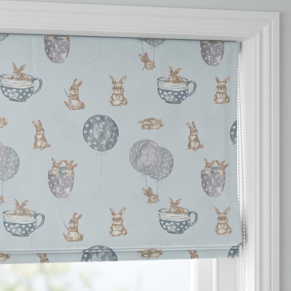 Pale Blue Velvet Roman Shade, Bunny & Balloon Nursery Blind, Kids Rabbit Custom Window Shade, Blackout or Light Filtering — image 7
