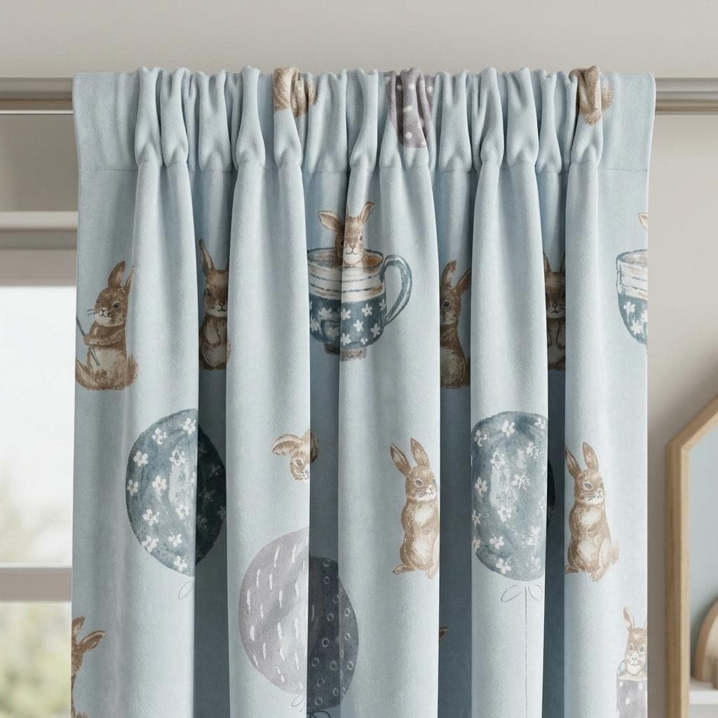 Pale Blue Velvet Nursery Curtains, Beige Bunnies, Balloons & Teacups, Custom Kids Room Drapes, Blackout Option — image 3