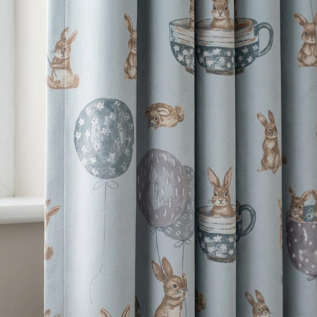 Pale Blue Velvet Nursery Curtains, Beige Bunnies, Balloons & Teacups, Custom Kids Room Drapes, Blackout Option — image 1