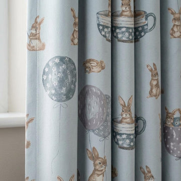 Pale Blue Velvet Nursery Curtains, Beige Bunnies, Balloons & Teacups, Custom Kids Room Drapes, Blackout Option — image 1