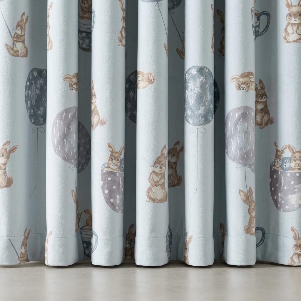 Pale Blue Velvet Nursery Curtains, Beige Bunnies, Balloons & Teacups, Custom Kids Room Drapes, Blackout Option — image 4