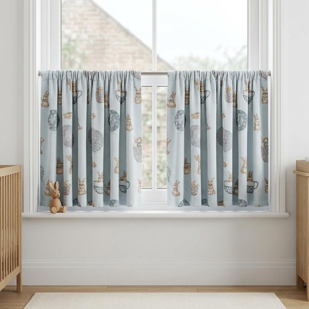 Pale Blue Velvet Nursery Curtains, Beige Bunnies, Balloons & Teacups, Custom Kids Room Drapes, Blackout Option — image 7