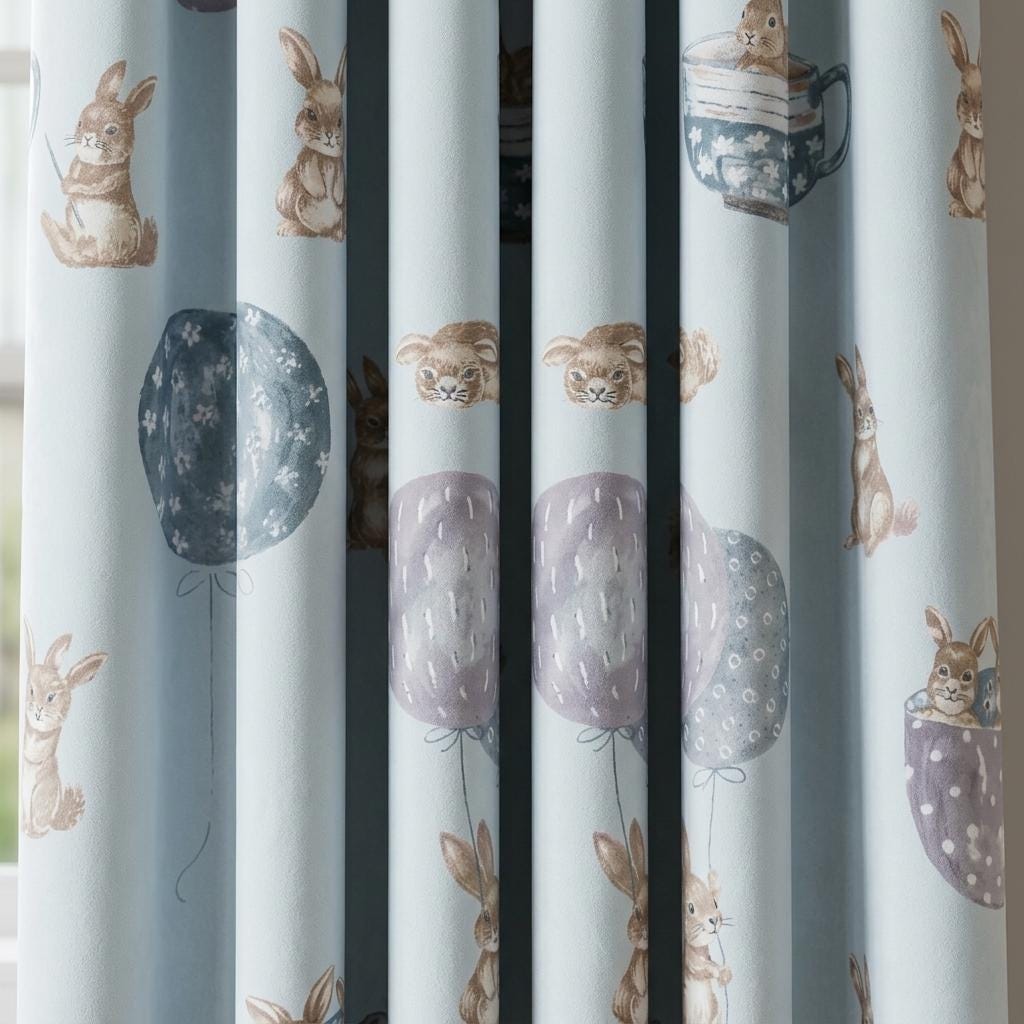 Pale Blue Velvet Nursery Curtains, Beige Bunnies, Balloons & Teacups, Custom Kids Room Drapes, Blackout Option — image 6