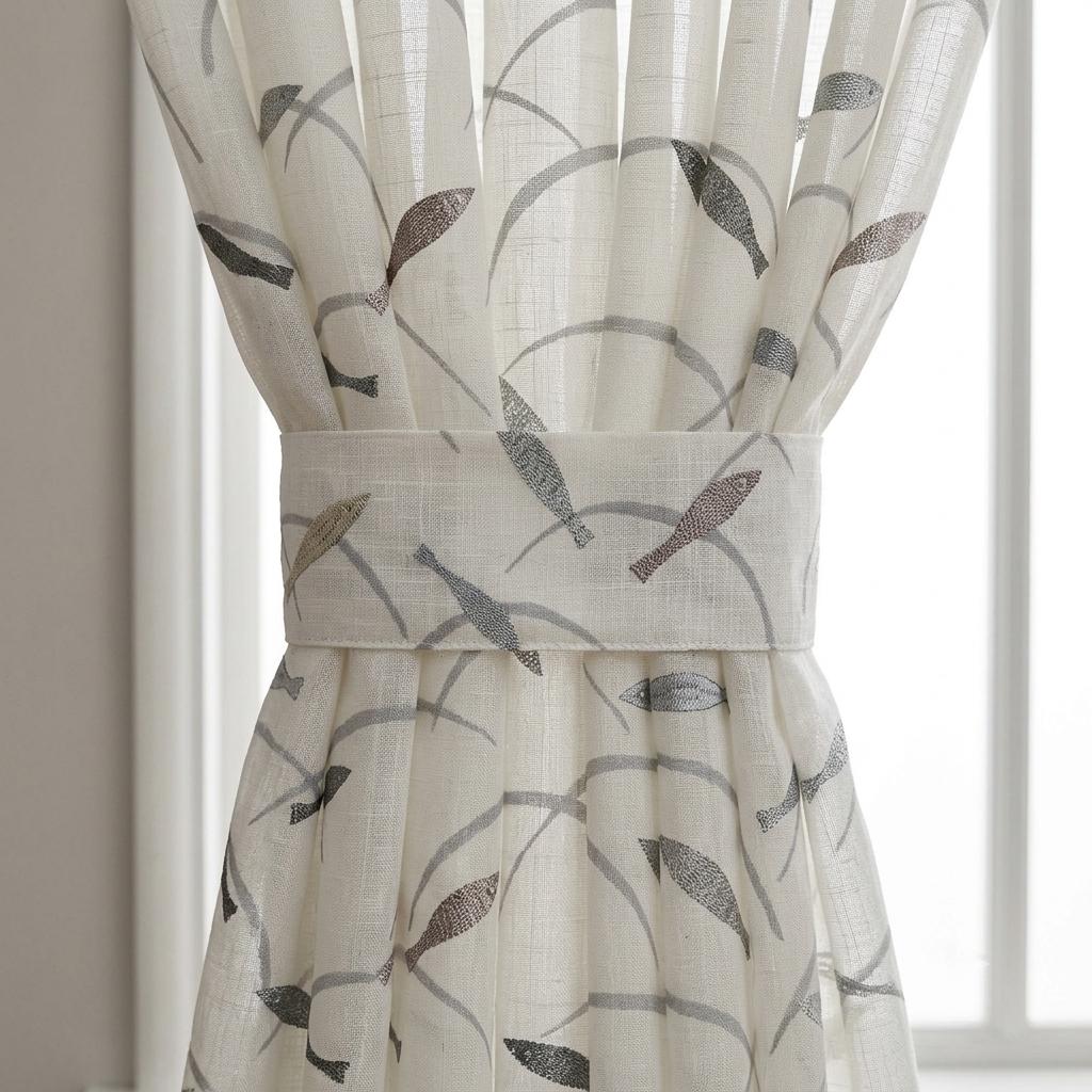 White Gray Pure Linen Sheer Curtains, Embroidered Fish Drapes, Ocean Coastal Custom Light Filtering Window Panels — image 3