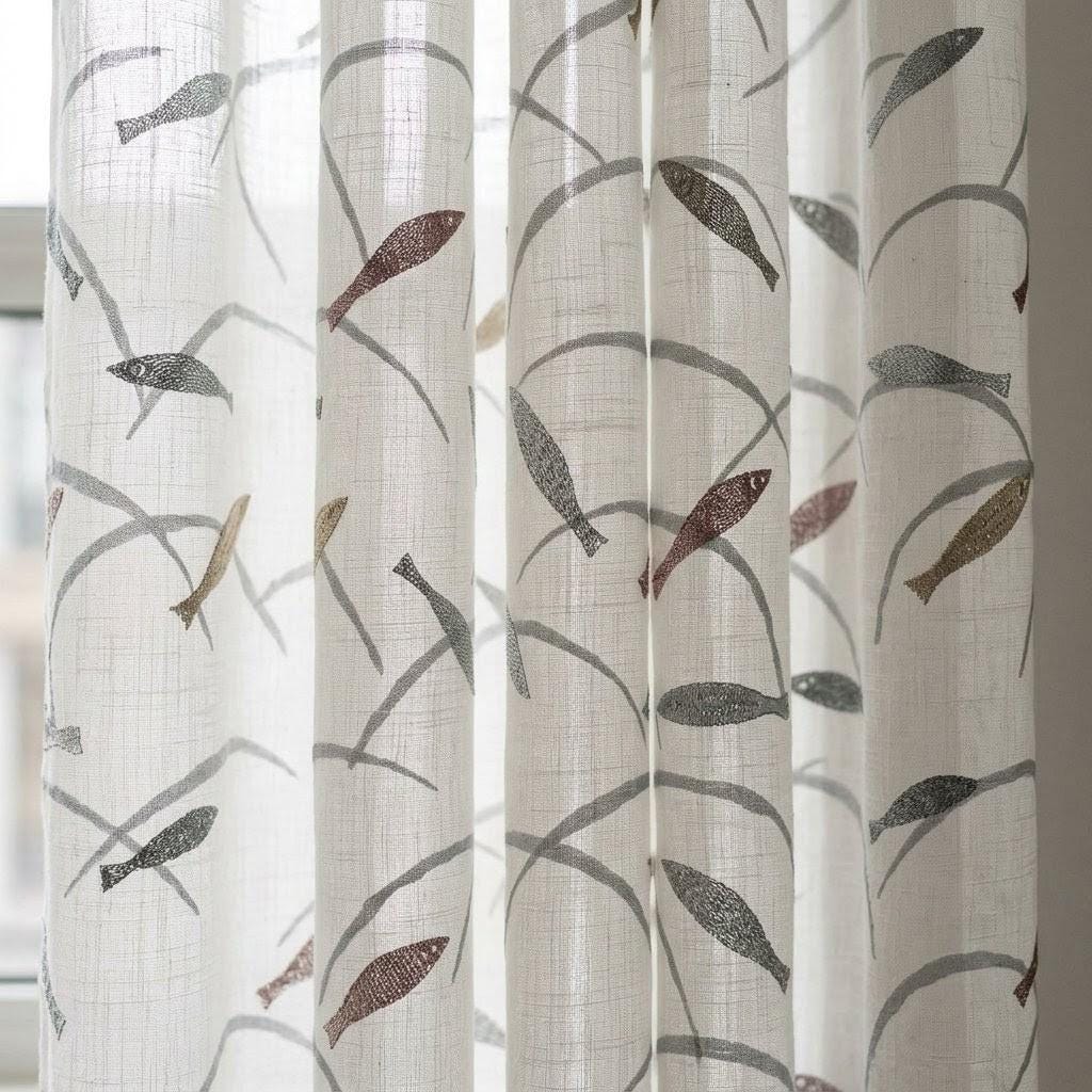 White Gray Pure Linen Sheer Curtains, Embroidered Fish Drapes, Ocean Coastal Custom Light Filtering Window Panels — image 6