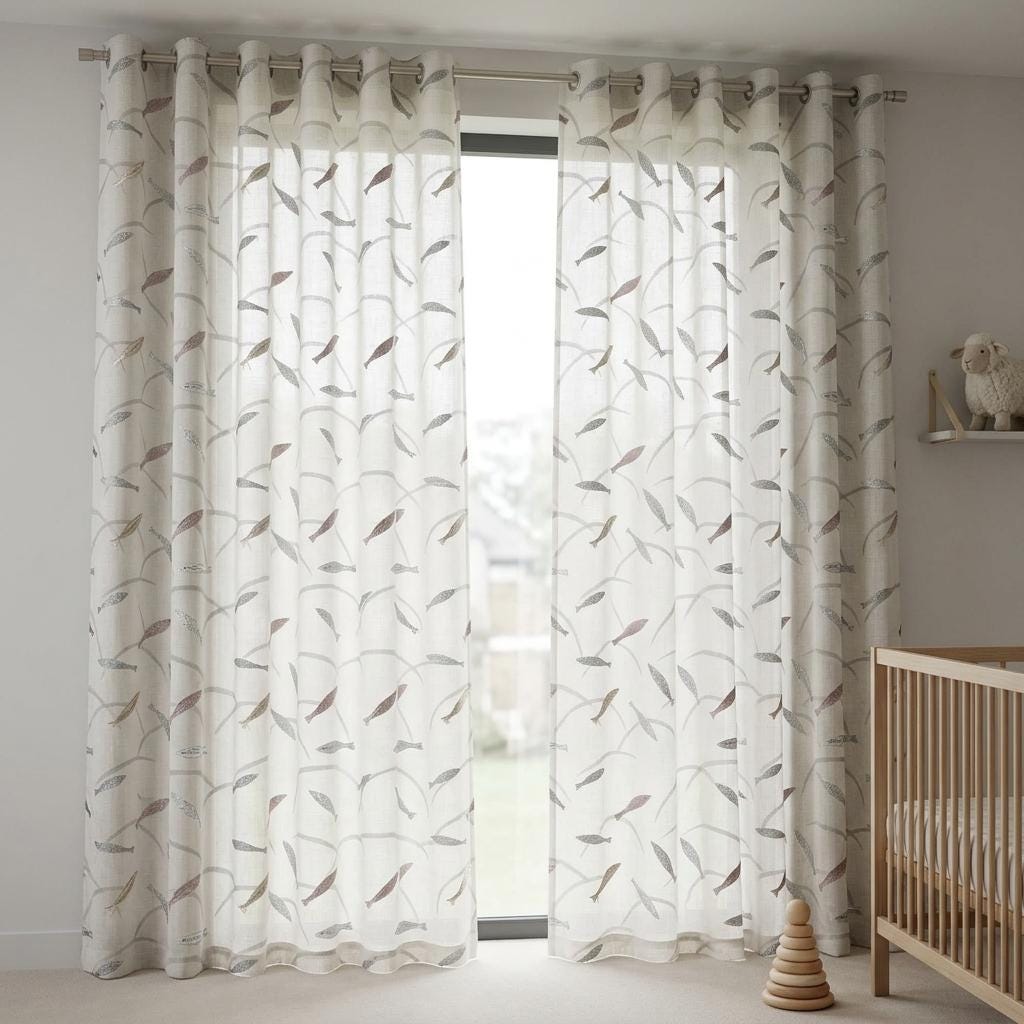 White Gray Pure Linen Sheer Curtains, Embroidered Fish Drapes, Ocean Coastal Custom Light Filtering Window Panels — image 8