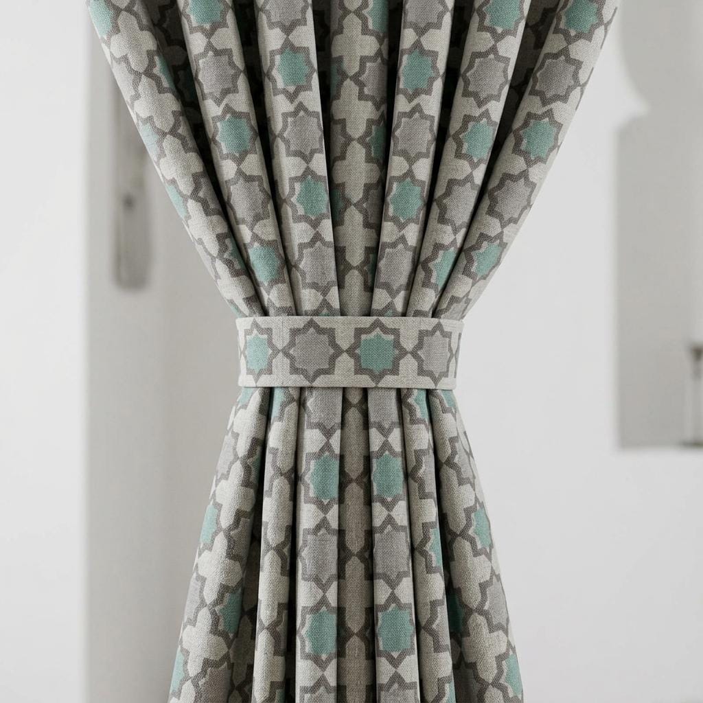 Aqua Teal Gray Pure Linen Curtains, Ivory Moroccan Geometric Print, Custom Blackout or Light Filtering — image 1