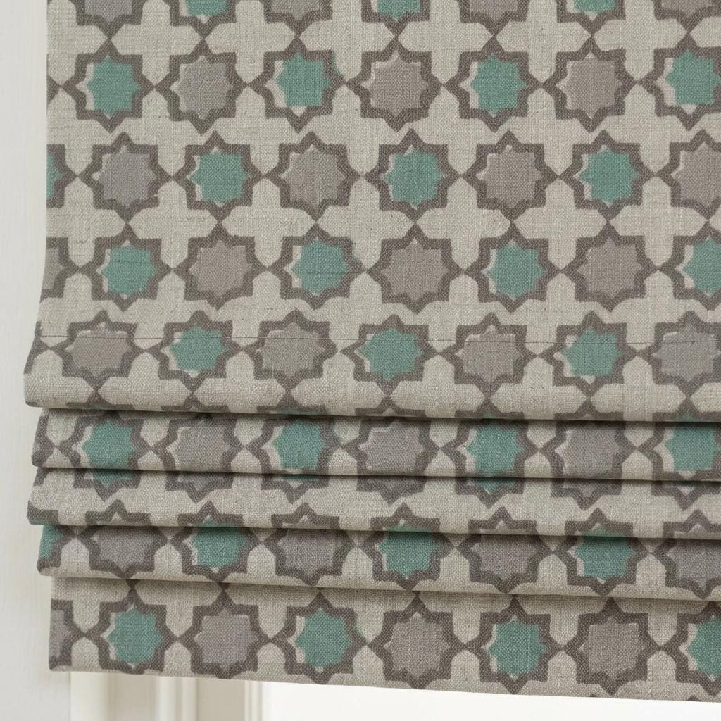Aqua Turquoise Gray Linen Roman Shade, Ivory Moroccan Geometric Corded Blind, Custom Blackout or Light Filtering — image 1