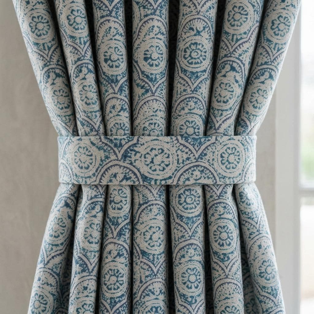 Indigo Teal Pure Linen Curtains, Ivory Moroccan Scallop Medallion Print, Blackout or Light Filtering Drapes — image 1