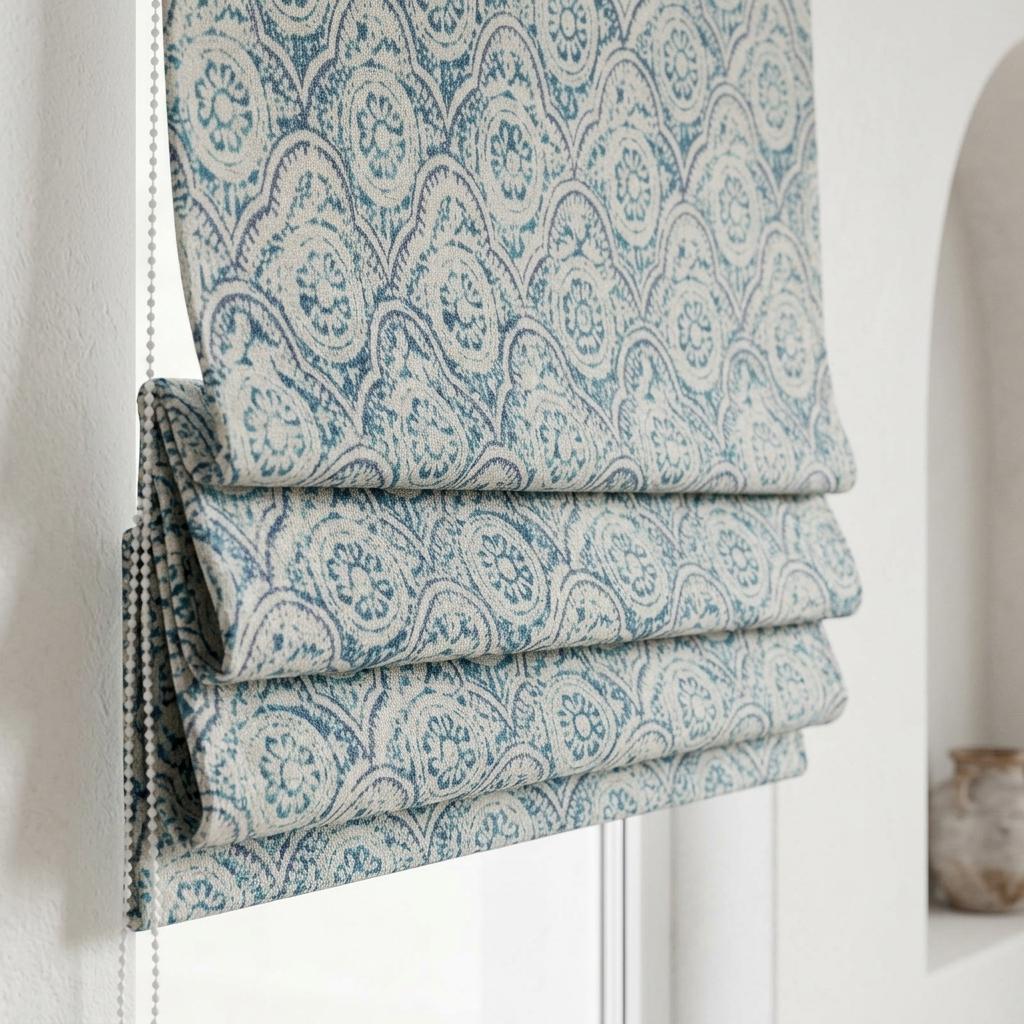 Blue Ivory Linen Roman Shade, Vintage Floral Scallop Fan Print, Custom Corded Blackout or Light Filtering Blind — image 1