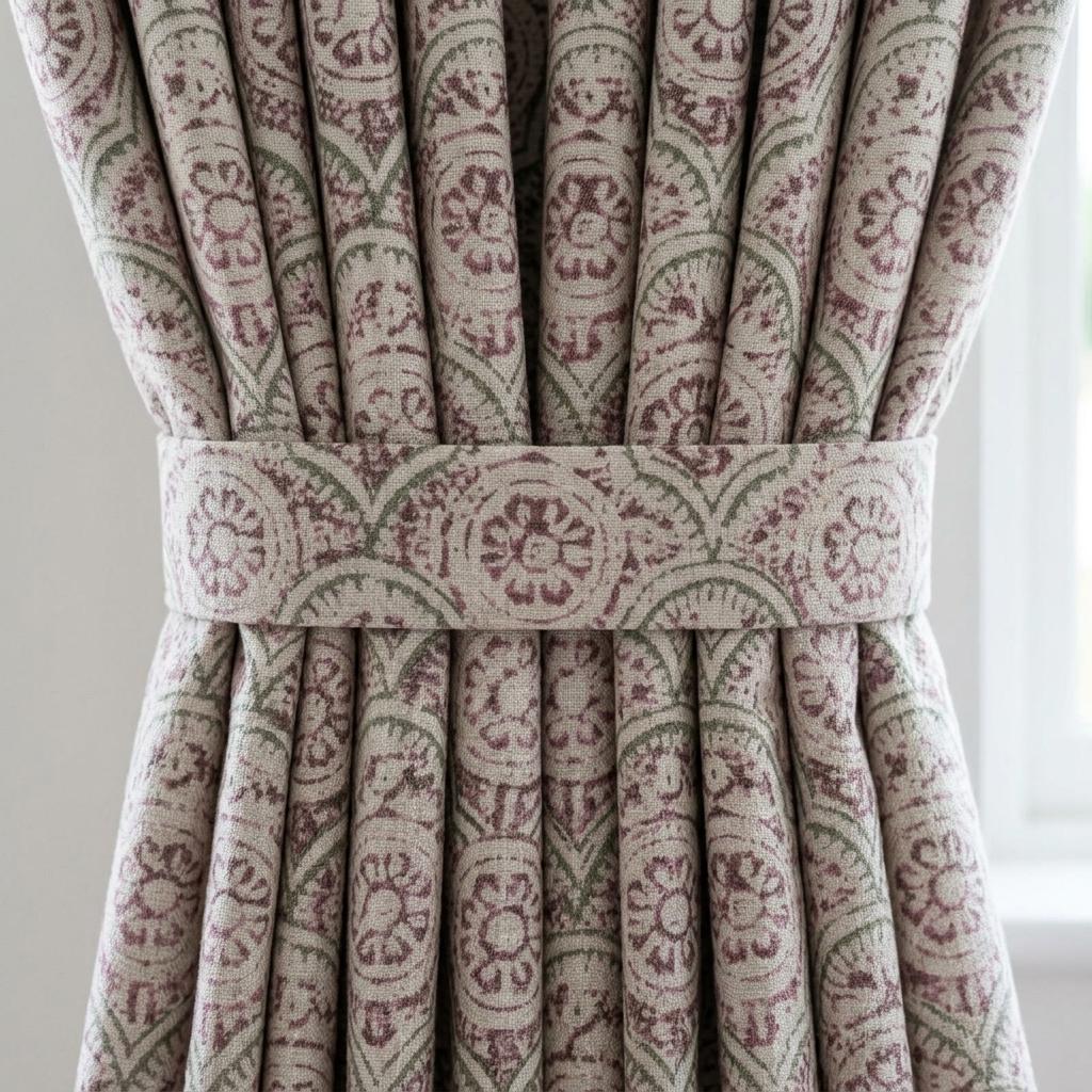Burgundy Sage Pure Linen Curtains, Ivory Moroccan Scallop Floral Print, Custom Blackout or Light Filtering Drapes — image 1